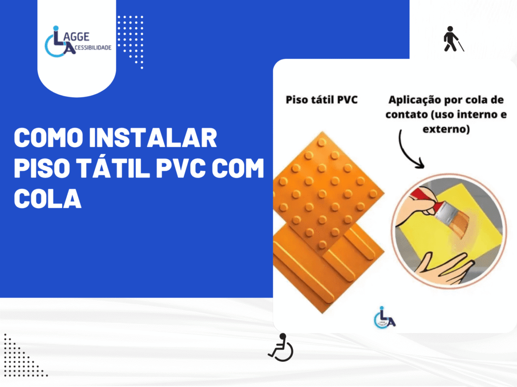 Ilustração mostra instalação de piso tátil PVC com cola de contato para uso interno e externo, seguindo normas de acessibilidade.