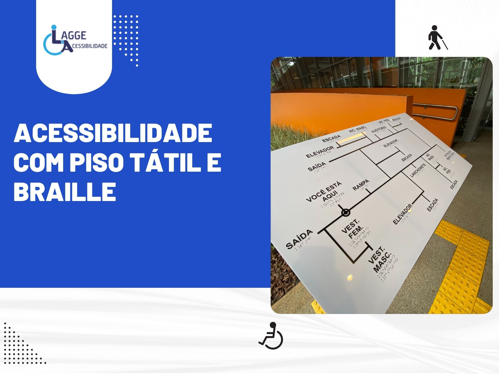 Mapa tátil com piso tátil direcional e braille instalado em entrada acessível, promovendo acessibilidade com piso tátil e braille.