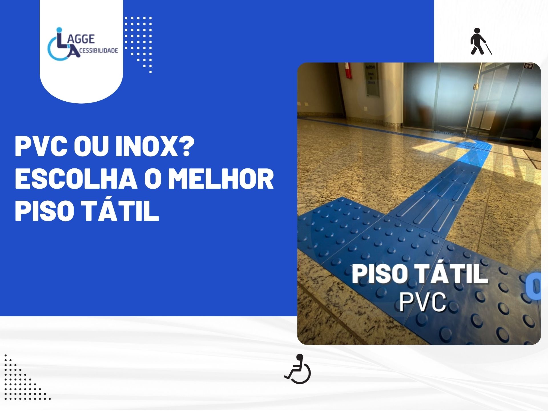 Piso tátil em PVC azul instalado em piso de granito, destacando opções de material para garantir acessibilidade e segurança.