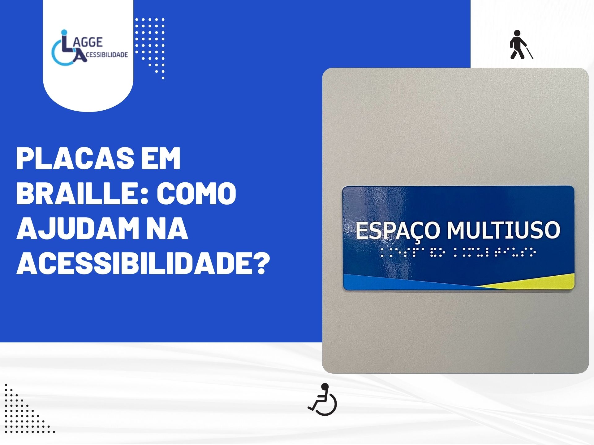 Placa azul com escrita em Braille identificando espaço multiuso, promovendo acessibilidade para pessoas com deficiência visual.