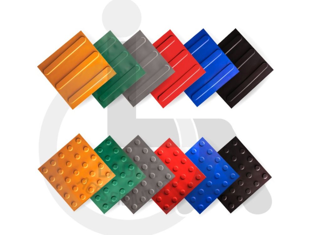 Placas de piso tátil direcional e de alerta em diversas cores para acessibilidade.