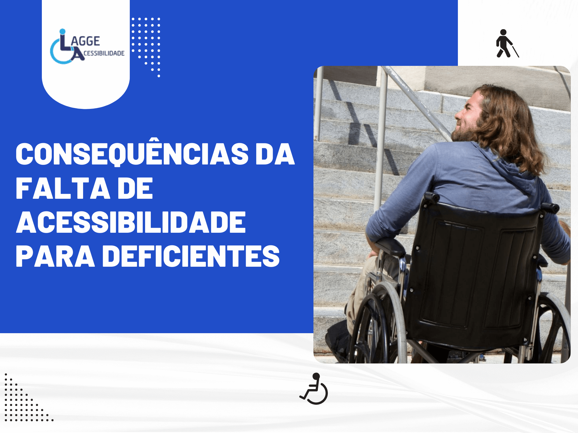 Arte com o título “Consequências da falta de acessibilidade para deficientes” ao lado de imagem de cadeirante diante de escadaria sem rampa, ilustrando barreiras arquitetônicas.